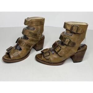 Freebird Size 8 Quail Distressed Brown Leather Strappy Stacked Heel Sandals P130
